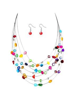 Multi Layered Shell Illusion Necklace Earring Set Colorful Chunky Beads Necklace